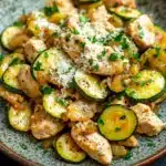 One pot chicken zucchini - the image is a close-up of a plate of food. the plate is made of ceramic and has a brown rim. the food appears to be a dish made with chicken, zucchini, and other vegetables. the chicken is cooked to a golden brown color and is covered in a creamy sauce. the zucchinis are bright yellow and appear to be seasoned with herbs and spices. the dish is garnished with chopped parsley. the background is dark, making the colors of the food stand out.