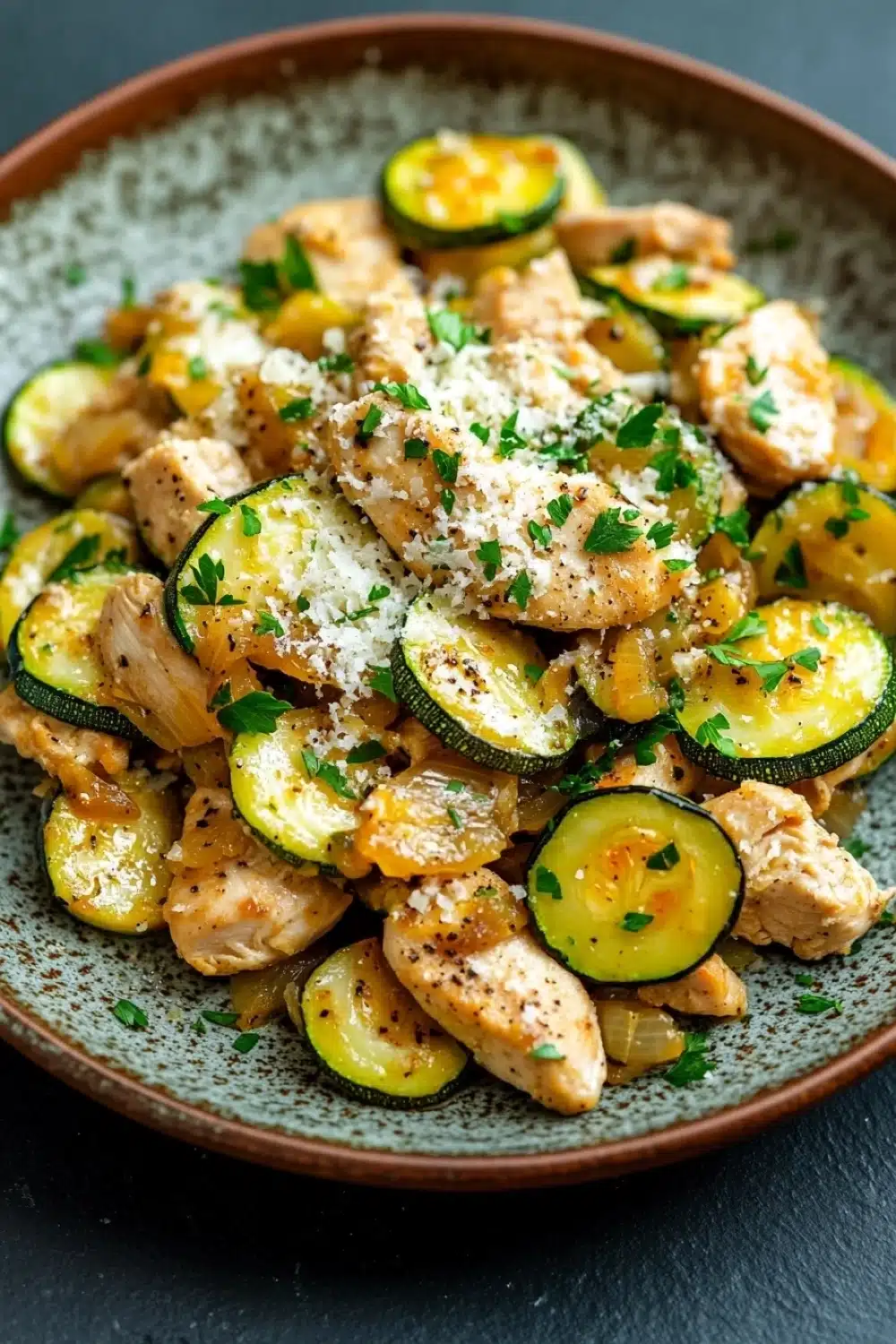 One pot chicken zucchini - the image is a close-up of a plate of food. the plate is made of ceramic and has a brown rim. the food appears to be a dish made with chicken, zucchini, and other vegetables. the chicken is cooked to a golden brown color and is covered in a creamy sauce. the zucchinis are bright yellow and appear to be seasoned with herbs and spices. the dish is garnished with chopped parsley. the background is dark, making the colors of the food stand out.