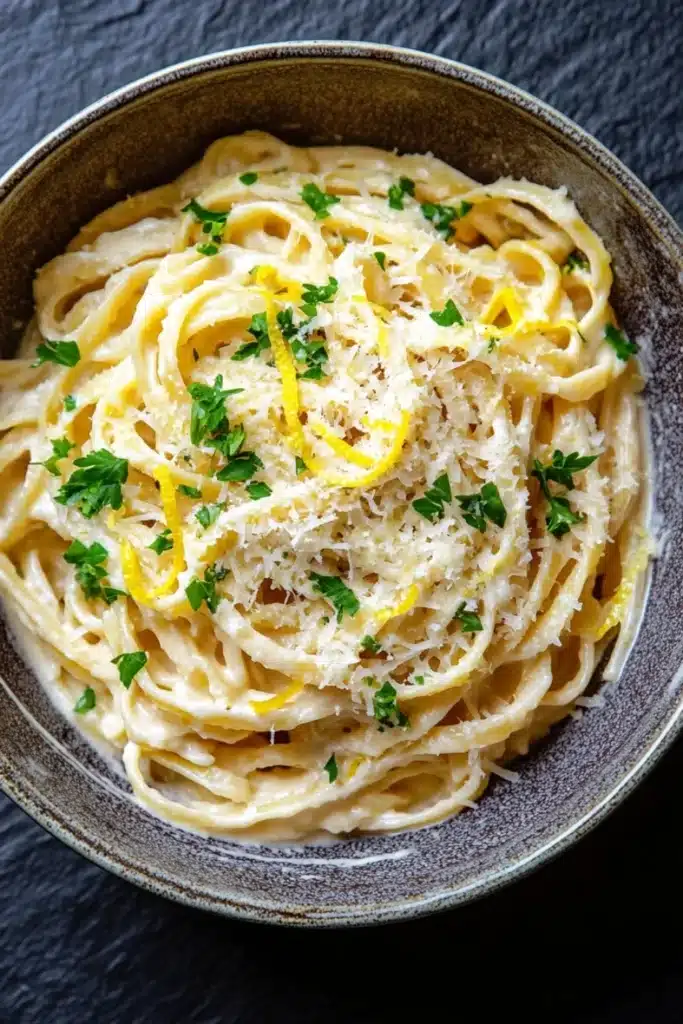 One pot creamy lemon pasta - the image is a close-up of a bowl of tagliatelle pasta. the pasta is cooked al dente and is topped with grated parmesan cheese and fresh parsley. the bowl is made of ceramic and has a dark brown rim. the background is a dark grey textured surface. the overall color scheme of the image is warm and inviting.