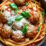 One pot pasta and meatballs - the image is a close-up of a bowl of spaghetti and meatballs. the spaghetti is cooked al dente and is covered in a tomato-based sauce with chunks of meat and vegetables. the meatballs are golden brown and appear to be seasoned with grated parmesan cheese. there are also some fresh basil leaves scattered on top of the dish. the bowl is made of ceramic and is sitting on a dark blue tablecloth.