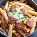 One pot pasta kielbasa - the image is a close-up of a bowl of pasta dish. the pasta appears to be penne, which is a type of penne pasta. it is cooked al dente and is topped with sliced sausage, diced tomatoes, corn kernels, and grated parmesan cheese. the dish is garnished with chopped parsley. the bowl is black and is sitting on a dark grey surface. there are a few sprigs of parsley scattered around the bowl.