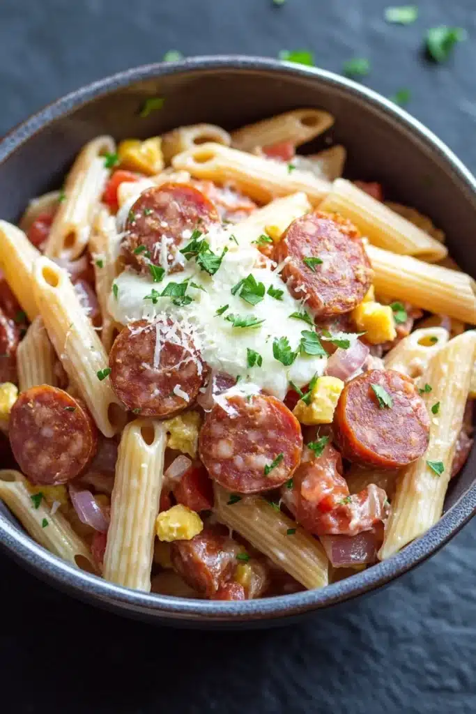 One pot pasta kielbasa - the image is a close-up of a bowl of pasta dish. the pasta appears to be penne, which is a type of penne pasta. it is cooked al dente and is topped with sliced sausage, diced tomatoes, corn kernels, and grated parmesan cheese. the dish is garnished with chopped parsley. the bowl is black and is sitting on a dark grey surface. there are a few sprigs of parsley scattered around the bowl.