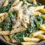 One pot pasta spinach - the image is a close-up of a bowl of pasta dish. the pasta appears to be penne, which is a type of penne pasta, and is cooked until it is golden brown. the dish is garnished with fresh spinach leaves and grated parmesan cheese. the bowl is made of ceramic and is sitting on a wooden table. the background is blurred, making the pasta the focal point of the image.