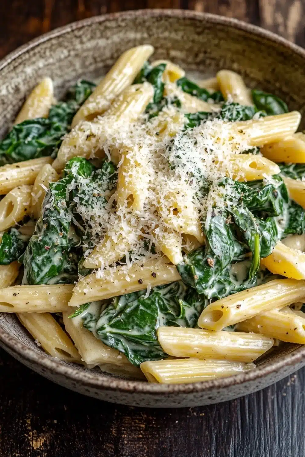 One pot pasta spinach - the image is a close-up of a bowl of pasta dish. the pasta appears to be penne, which is a type of penne pasta, and is cooked until it is golden brown. the dish is garnished with fresh spinach leaves and grated parmesan cheese. the bowl is made of ceramic and is sitting on a wooden table. the background is blurred, making the pasta the focal point of the image.