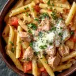 One pot pasta thunfisch - the image is a close-up of a bowl of pasta dish. the pasta appears to be penne, which is a type of penne pasta, and is cooked in a tomato-based sauce. the dish is garnished with chopped parsley and grated parmesan cheese. there are also chunks of salmon and diced tomatoes scattered throughout the dish, adding a pop of color and texture. the bowl is made of ceramic and is sitting on a dark grey surface.