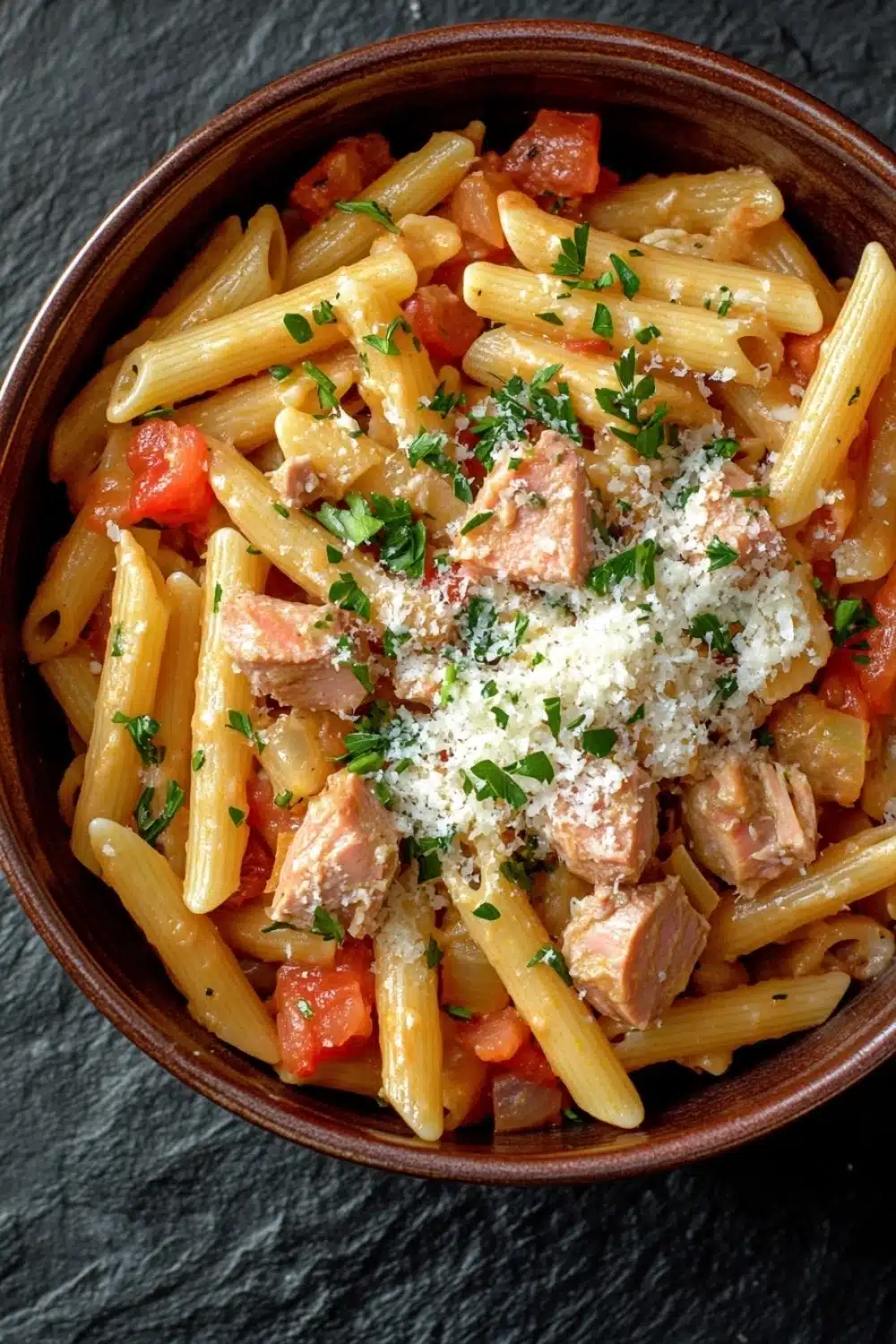 One pot pasta thunfisch - the image is a close-up of a bowl of pasta dish. the pasta appears to be penne, which is a type of penne pasta, and is cooked in a tomato-based sauce. the dish is garnished with chopped parsley and grated parmesan cheese. there are also chunks of salmon and diced tomatoes scattered throughout the dish, adding a pop of color and texture. the bowl is made of ceramic and is sitting on a dark grey surface.
