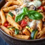 One pot pasta vegetarisch ofen - the image is a close-up of a bowl of pasta dish. the pasta appears to be penne, which is a type of penne pasta, and it is cooked in a tomato-based sauce. the dish is garnished with fresh basil leaves and grated parmesan cheese. there are also chunks of zucchini, red bell peppers, and mushrooms scattered throughout the dish, adding a pop of color and texture. the bowl is made of dark wood and is sitting on a dark wooden table. the background is blurred, making the pasta the focal point of the image.