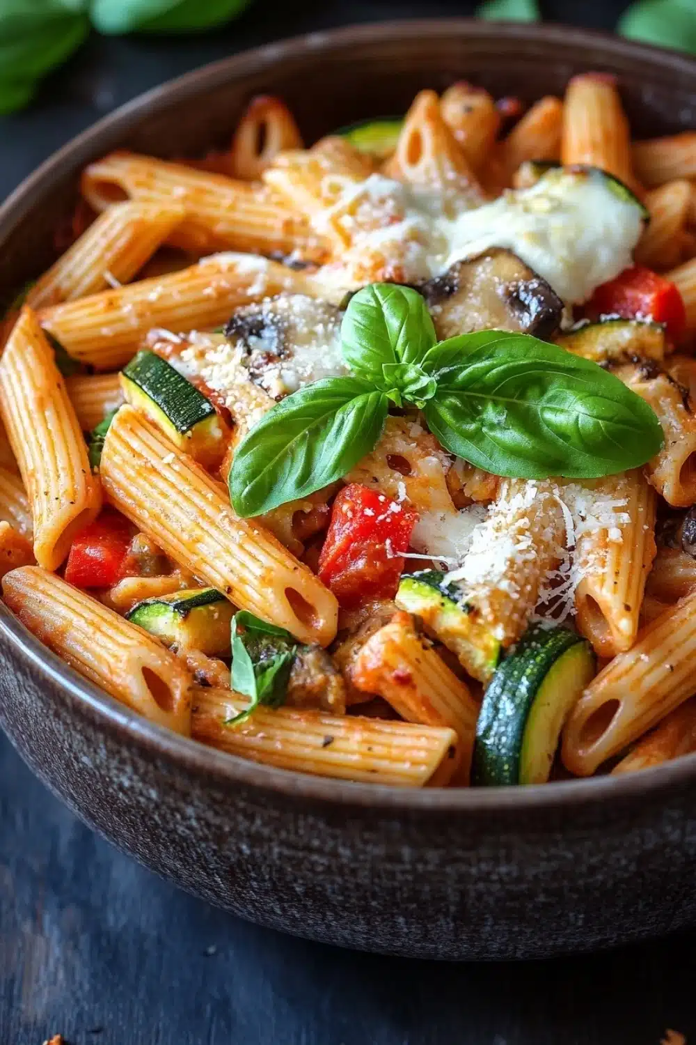 One pot pasta vegetarisch ofen - the image is a close-up of a bowl of pasta dish. the pasta appears to be penne, which is a type of penne pasta, and it is cooked in a tomato-based sauce. the dish is garnished with fresh basil leaves and grated parmesan cheese. there are also chunks of zucchini, red bell peppers, and mushrooms scattered throughout the dish, adding a pop of color and texture. the bowl is made of dark wood and is sitting on a dark wooden table. the background is blurred, making the pasta the focal point of the image.