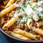 One pot pasta with meat sauce - the image shows a close-up of a bowl of pasta dish. the pasta appears to be penne, which is a type of penne pasta, and it is cooked in a tomato-based sauce with chunks of ground meat and tomato sauce. the dish is garnished with chopped parsley and grated parmesan cheese. the bowl is made of dark brown ceramic and is sitting on a dark blue surface. the background is blurred, making the pasta the focal point of the image.