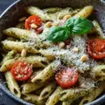 One pot pesto pasta - the image is a close-up of a bowl of pasta dish. the pasta appears to be penne, which is a type of penne pasta, and it is cooked al dente. the dish is garnished with sliced cherry tomatoes, pine nuts, and a sprinkle of parmesan cheese. the bowl is made of dark-colored ceramic and is sitting on a wooden table. there are a few basil leaves scattered around the bowl, adding a pop of green color to the dish.