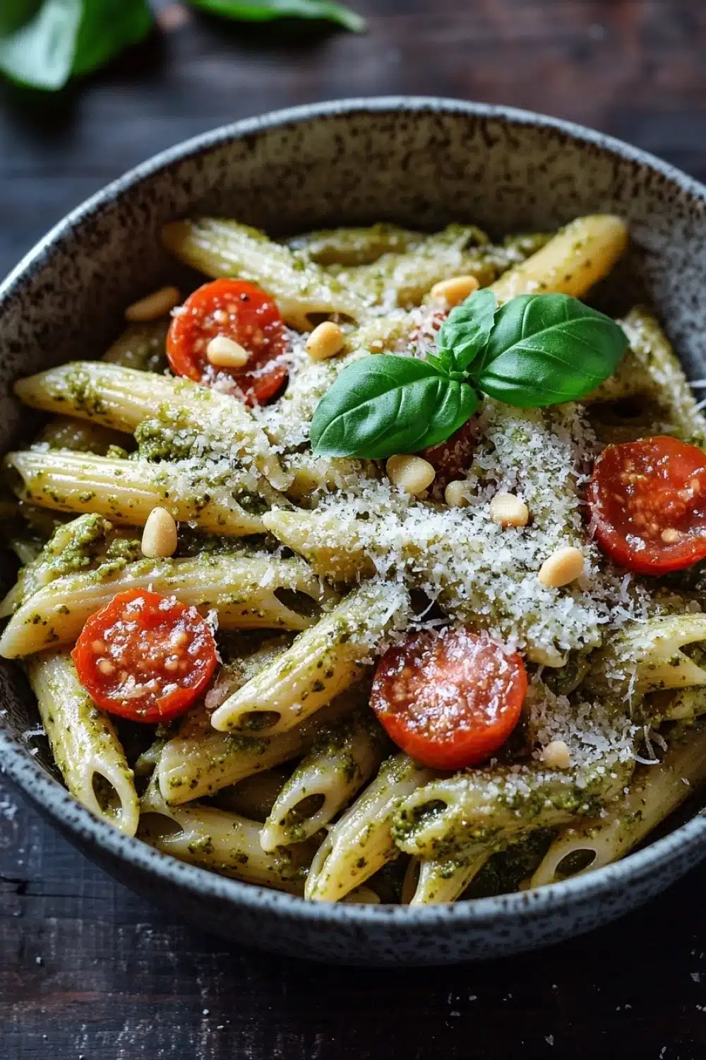 One pot pesto pasta - the image is a close-up of a bowl of pasta dish. the pasta appears to be penne, which is a type of penne pasta, and it is cooked al dente. the dish is garnished with sliced cherry tomatoes, pine nuts, and a sprinkle of parmesan cheese. the bowl is made of dark-colored ceramic and is sitting on a wooden table. there are a few basil leaves scattered around the bowl, adding a pop of green color to the dish.