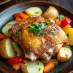 One pot poulet cookeo - the image shows a plate of roasted chicken with vegetables. the chicken is golden brown and appears to be seasoned with herbs and spices. the vegetables on the plate include potatoes, carrots, and bell peppers. the plate is brown and has a textured surface. the background is a wooden table with a few sprigs of parsley scattered around.