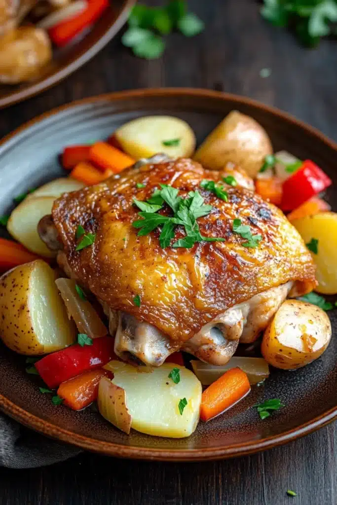 One pot poulet cookeo - the image shows a plate of roasted chicken with vegetables. the chicken is golden brown and appears to be seasoned with herbs and spices. the vegetables on the plate include potatoes, carrots, and bell peppers. the plate is brown and has a textured surface. the background is a wooden table with a few sprigs of parsley scattered around.