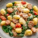 One pot sausage gnocchi - the image is a close-up of a dish in a bowl. the dish appears to be a pasta dish with gnocchi, cherry tomatoes, and spinach. the gnocchinis are yellow and appear to be cooked until they are soft and fluffy. the cherry tomatoes are bright red and look ripe and juicy. the spinach is a vibrant green color and is scattered throughout the dish. on top of the dish, there is a sprinkle of grated parmesan cheese. the bowl is made of light-colored ceramic and is sitting on a wooden table.