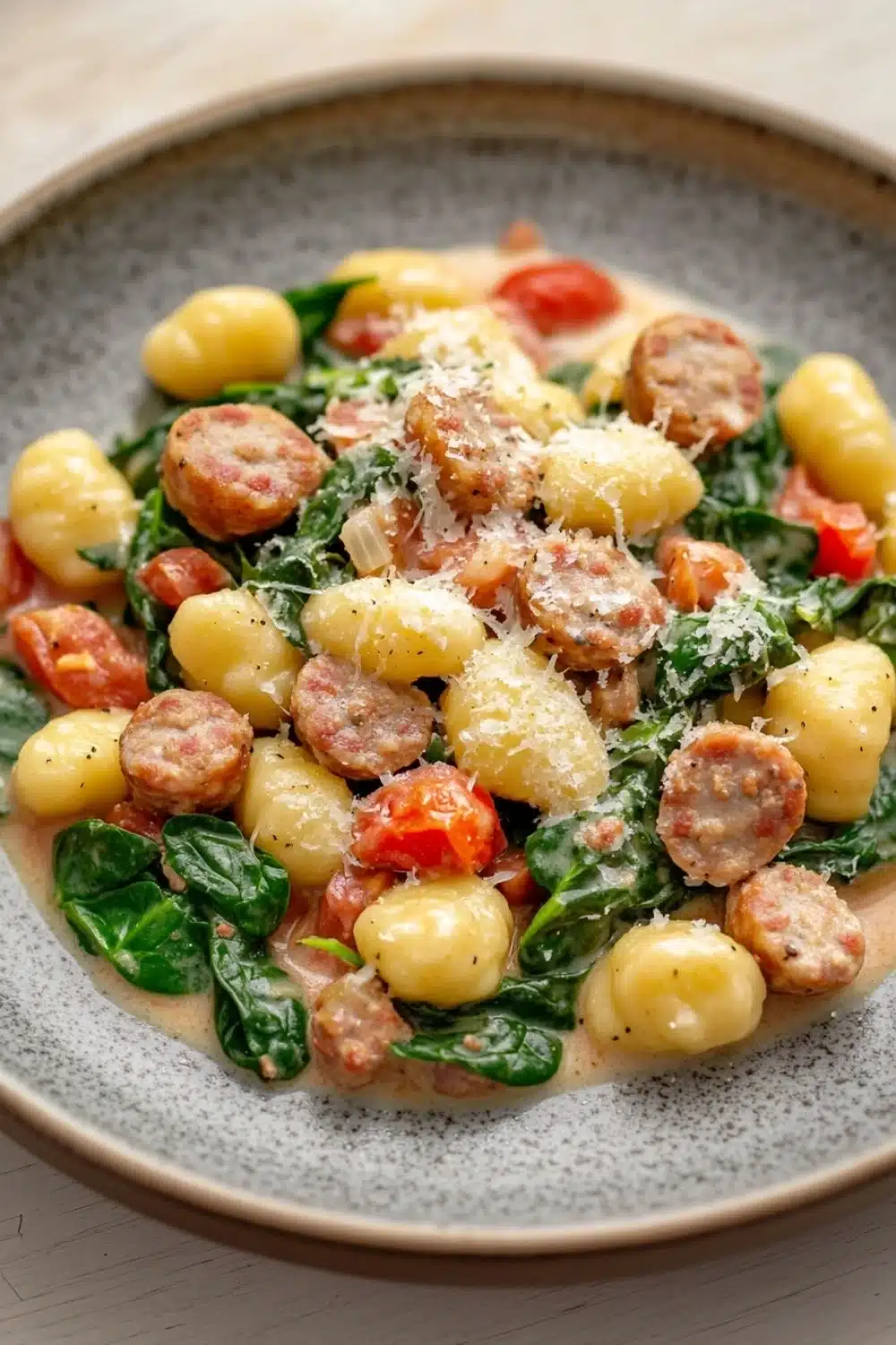 One pot sausage gnocchi - the image is a close-up of a dish in a bowl. the dish appears to be a pasta dish with gnocchi, cherry tomatoes, and spinach. the gnocchinis are yellow and appear to be cooked until they are soft and fluffy. the cherry tomatoes are bright red and look ripe and juicy. the spinach is a vibrant green color and is scattered throughout the dish. on top of the dish, there is a sprinkle of grated parmesan cheese. the bowl is made of light-colored ceramic and is sitting on a wooden table.