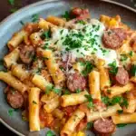 One pot ziti with sausage - the image shows a plate of penne pasta with sausage and tomato sauce. the pasta is cooked al dente and is topped with a generous amount of tomato sauce and grated parmesan cheese. the dish is garnished with fresh parsley. the plate is sitting on a wooden table with a few sprigs of parsley scattered around. the overall color palette of the dish is warm and inviting.