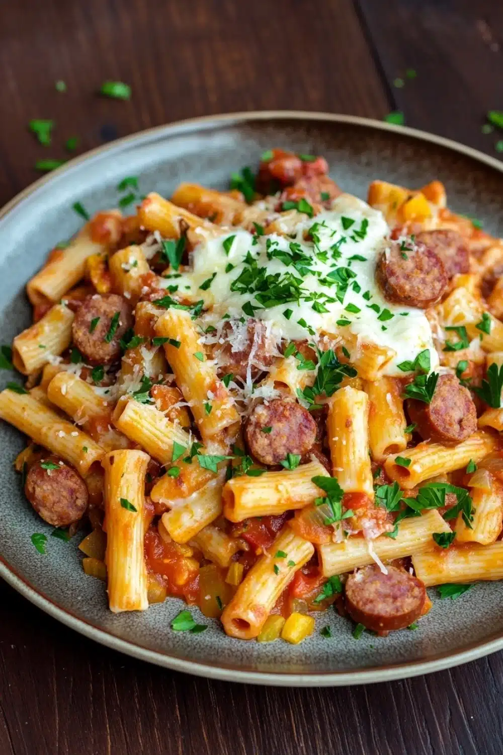 One pot ziti with sausage - the image shows a plate of penne pasta with sausage and tomato sauce. the pasta is cooked al dente and is topped with a generous amount of tomato sauce and grated parmesan cheese. the dish is garnished with fresh parsley. the plate is sitting on a wooden table with a few sprigs of parsley scattered around. the overall color palette of the dish is warm and inviting.