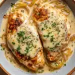 One skillet creamy french onion chicken - the image shows a plate of food with two pieces of chicken breasts covered in a creamy sauce. the chicken breasts are golden brown and appear to be seasoned with herbs and spices. the sauce is a light yellow color and is drizzled over the top of the chicken breasts. there are also chunks of caramelized onions scattered throughout the dish. the plate is made of ceramic and is sitting on a wooden table.