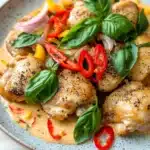 Oneskillet creamy thai basil chicken delish - the image is a close-up of a plate of food. the plate is round and has a light blue speckled pattern. on top of the plate, there are several pieces of grilled chicken breasts covered in a creamy sauce. the chicken is garnished with fresh basil leaves, red and yellow bell peppers, and sliced red onions. the sauce appears to be a creamy yellow color and is drizzled over the chicken. the dish looks appetizing and ready to eat.