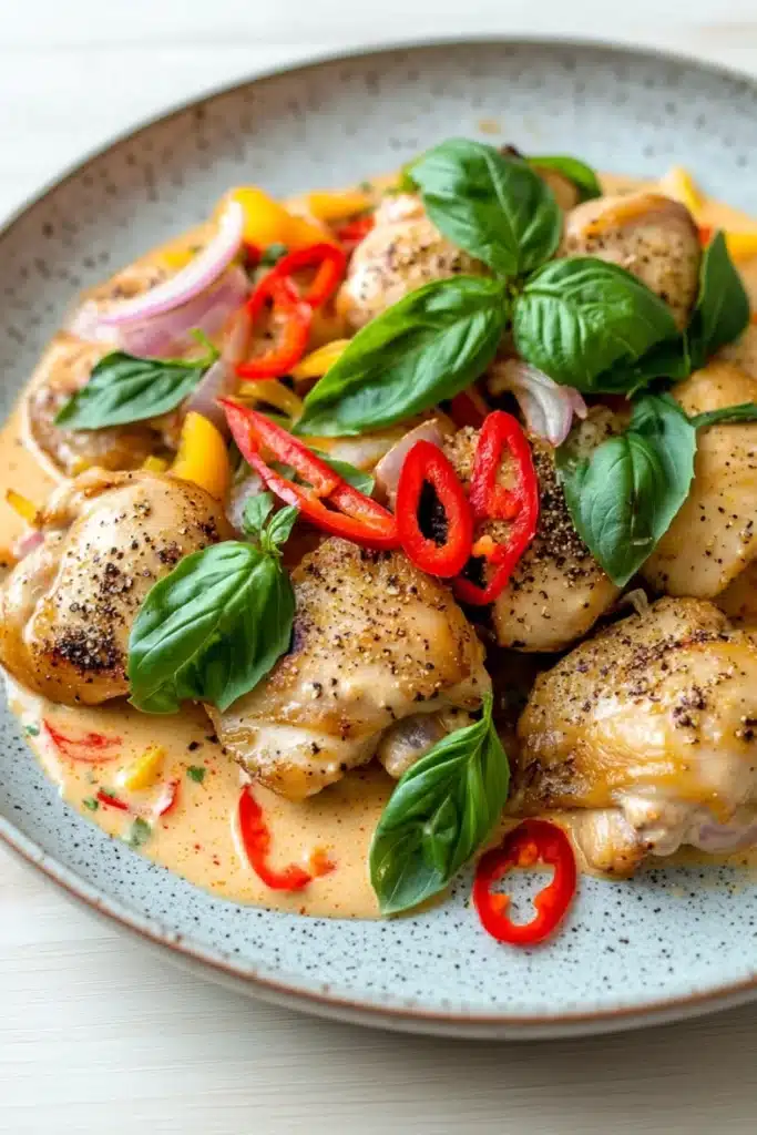 Oneskillet creamy thai basil chicken delish - the image is a close-up of a plate of food. the plate is round and has a light blue speckled pattern. on top of the plate, there are several pieces of grilled chicken breasts covered in a creamy sauce. the chicken is garnished with fresh basil leaves, red and yellow bell peppers, and sliced red onions. the sauce appears to be a creamy yellow color and is drizzled over the chicken. the dish looks appetizing and ready to eat.
