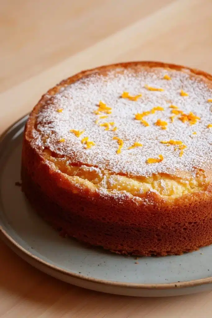 Orange french yogurt cake - the image is of a round cake on a blue plate. the cake appears to be freshly baked and has a golden brown crust. it is dusted with powdered sugar, giving it a shiny appearance. on top of the cake, there are small orange zest scattered around, adding a pop of color to the dish. the plate is sitting on a wooden table.