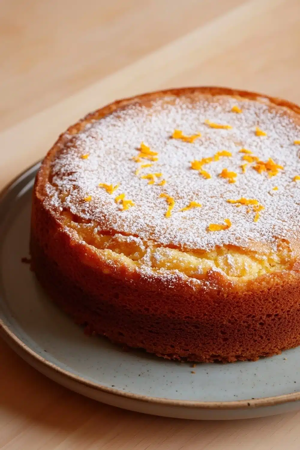 Orange french yogurt cake - the image is of a round cake on a blue plate. the cake appears to be freshly baked and has a golden brown crust. it is dusted with powdered sugar, giving it a shiny appearance. on top of the cake, there are small orange zest scattered around, adding a pop of color to the dish. the plate is sitting on a wooden table.