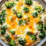 Oven baked chicken broccoli rice casserole - the image is a close-up of a dish in a bowl. the dish appears to be a casserole or risotto, with a layer of white rice and chunks of broccoli on top. the broccoli is cut into small pieces and is arranged in a circular pattern on top of the rice. the cheese is melted and bubbly, and it looks like it has been cooked until it is golden brown. the bowl is made of ceramic and has a brown rim. the background is a white wooden table.