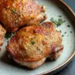 Oven baked chicken thighs savory - the image shows a plate of grilled chicken breasts. the chicken breasts are golden brown and appear to be seasoned with herbs and spices. the plate is round and has a light blue rim. the background is dark and out of focus, making the chicken breasts the focal point of the image. there are a few sprigs of parsley scattered around the plate, adding a pop of green color to the dish.