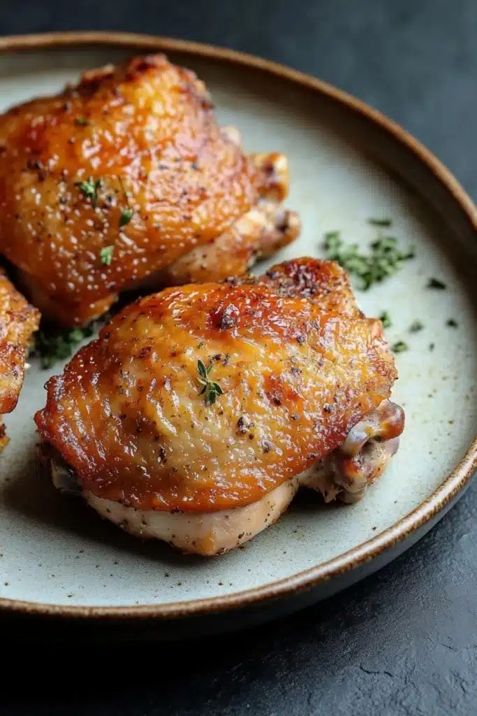 Oven baked chicken thighs savory - the image shows a plate of grilled chicken breasts. the chicken breasts are golden brown and appear to be seasoned with herbs and spices. the plate is round and has a light blue rim. the background is dark and out of focus, making the chicken breasts the focal point of the image. there are a few sprigs of parsley scattered around the plate, adding a pop of green color to the dish.