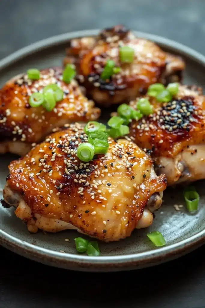 Oven baked korean chicken thighs - the image shows a plate of grilled chicken breasts covered in sesame seeds and green onions. the chicken breasts are golden brown and appear to be seasoned with herbs and spices. the plate is round and has a dark grey rim. the background is blurred, but it appears to be a wooden table or countertop. the overall color palette of the image is warm and inviting.