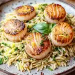 Pan seared scallops with orzo - the image shows a plate of grilled scallops on top of a bed of fusilli pasta. the scallop shells are golden brown and appear to be seasoned with herbs and spices. the pasta is a mix of yellow and white, and there are small pieces of lemon scattered throughout the dish. the plate is on a wooden table with a white cloth napkin and a lemon wedge in the background. the overall presentation of the dish is elegant and appetizing.