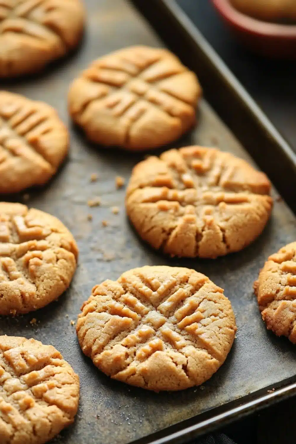 Peanut butter cookie no butter - the image shows a baking tray with freshly baked peanut butter cookies on it. the cookies are round and golden brown in color, with a criss-cross pattern on top. they are arranged in a single layer on the tray, with some overlapping each other. the tray is lined with parchment paper, and there is a small red bowl on the right side of the tray. the background is blurred, but it appears to be a kitchen countertop.