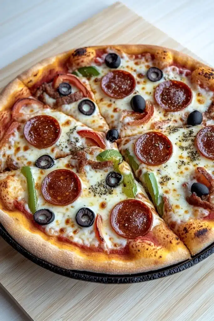 Pellet grill cast iron pizza - the image is of a large pepperoni pizza on a wooden cutting board. the pizza is round and has a golden brown crust. it is topped with slices of pepperoni, black olives, and green bell peppers. the pepperoni is arranged in a circular pattern on top of the cheese, which is melted and bubbly. there are also small pieces of sausage and other toppings scattered throughout the pizza. the cutting board is placed on a white tablecloth.