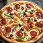 Pizza on cast iron pizza pan - the image is of a pepperoni pizza on a wooden cutting board. the pizza is round and has a golden brown crust. it is topped with sliced pepperoni, black olives, and sliced bell peppers. the pepperoni is arranged in a circular pattern, with some overlapping each other. the olives are black and appear to be seasoned with herbs and spices. there are also some red chili peppers and garlic scattered around the cutting board, adding a pop of color to the image.