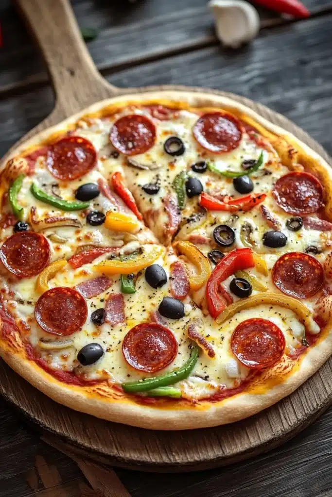 Pizza on cast iron pizza pan - the image is of a pepperoni pizza on a wooden cutting board. the pizza is round and has a golden brown crust. it is topped with sliced pepperoni, black olives, and sliced bell peppers. the pepperoni is arranged in a circular pattern, with some overlapping each other. the olives are black and appear to be seasoned with herbs and spices. there are also some red chili peppers and garlic scattered around the cutting board, adding a pop of color to the image.