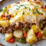 Potatoes obrien casserole with ground beef - the image shows a plate of food with a dish on it. the dish appears to be a casserole or lasagna, with a layer of ground beef and a poached egg on top. the egg is cooked sunny-side up and is covered in melted cheese. the potatoes are cut into small cubes and are mixed with diced red and green bell peppers, onions, and other vegetables. the plate is brown and has a speckled pattern around the edges. the background is blurred, but it seems to be an indoor setting with a wooden table.