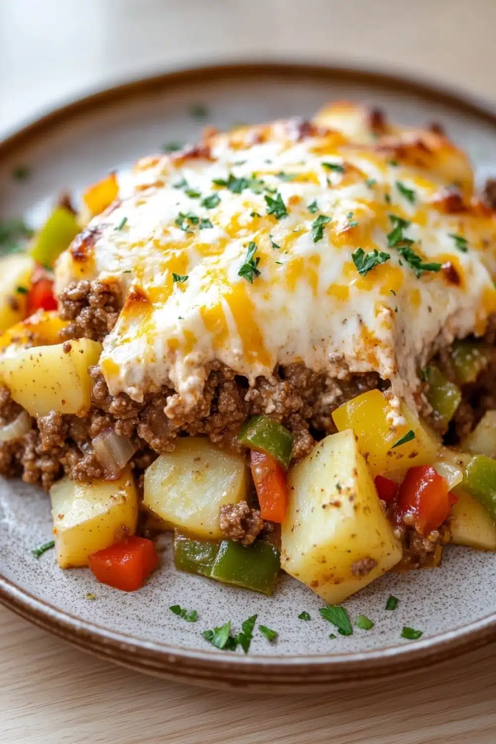 Potatoes obrien casserole with ground beef - the image shows a plate of food with a dish on it. the dish appears to be a casserole or lasagna, with a layer of ground beef and a poached egg on top. the egg is cooked sunny-side up and is covered in melted cheese. the potatoes are cut into small cubes and are mixed with diced red and green bell peppers, onions, and other vegetables. the plate is brown and has a speckled pattern around the edges. the background is blurred, but it seems to be an indoor setting with a wooden table.
