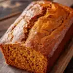 Pumpkin bread applesauce - the image shows a freshly baked loaf of bread on a wooden cutting board. the bread appears to be golden brown in color and has a slightly crumbly texture. it is sitting on a dark wooden table with a rustic background. the loaf is cut in half, revealing the soft, fluffy interior. the edges of the bread are slightly curled, indicating that it has been freshly baked. the overall mood of the image is warm and inviting.
