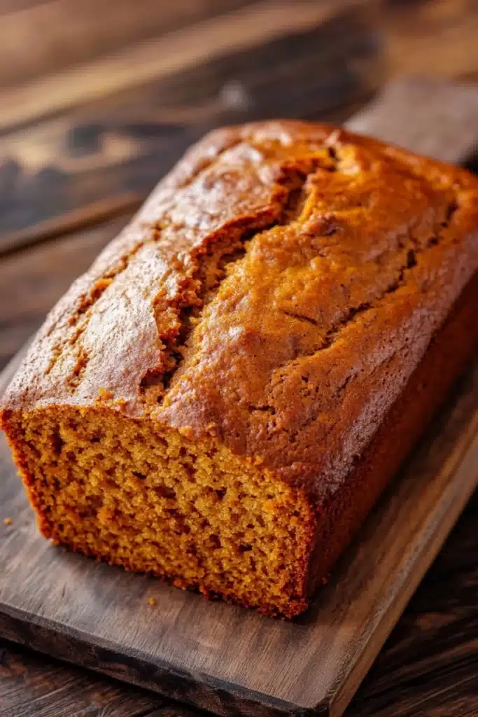 Pumpkin bread applesauce - the image shows a freshly baked loaf of bread on a wooden cutting board. the bread appears to be golden brown in color and has a slightly crumbly texture. it is sitting on a dark wooden table with a rustic background. the loaf is cut in half, revealing the soft, fluffy interior. the edges of the bread are slightly curled, indicating that it has been freshly baked. the overall mood of the image is warm and inviting.
