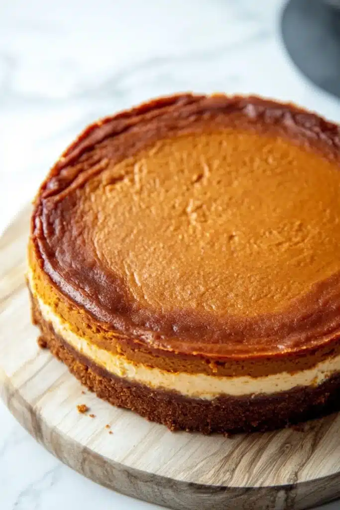 Pumpkin bread cheesecake - the image is of a round cheesecake on a wooden board. the cheesecake has a golden brown crust on top and a creamy white filling in the center. the top of the cheesecake is smooth and shiny, and it appears to be freshly baked. the board is placed on a white marble countertop, and there is a black plate in the background. the overall aesthetic of the image is elegant and sophisticated.