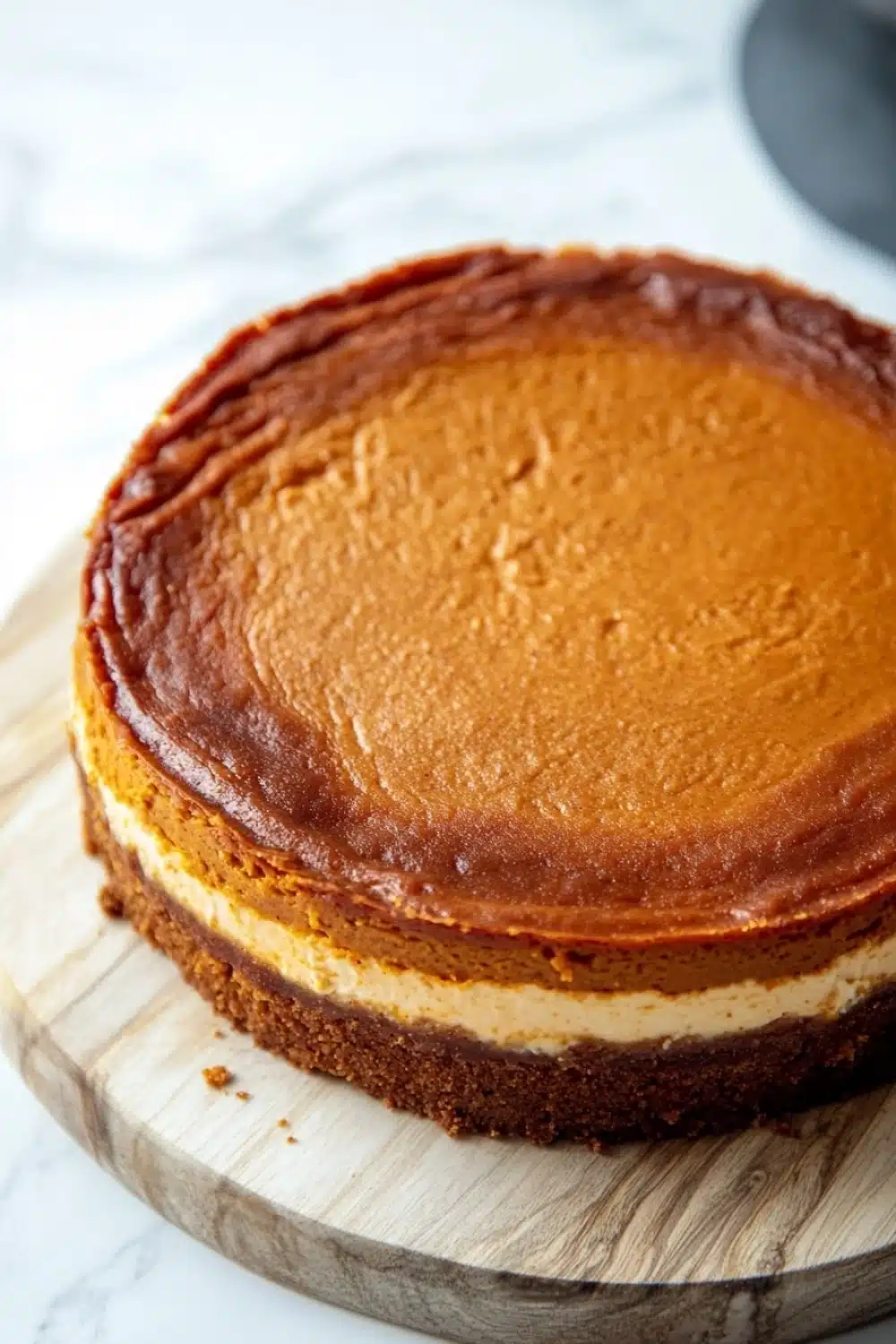 Pumpkin bread cheesecake - the image is of a round cheesecake on a wooden board. the cheesecake has a golden brown crust on top and a creamy white filling in the center. the top of the cheesecake is smooth and shiny, and it appears to be freshly baked. the board is placed on a white marble countertop, and there is a black plate in the background. the overall aesthetic of the image is elegant and sophisticated.