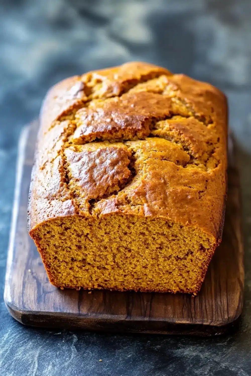 Pumpkin bread gf - the image shows a freshly baked loaf of bread on a wooden cutting board. the bread appears to be golden brown in color and has a crumbly texture. it is cut in half, revealing the soft, fluffy interior. the cutting board is placed on a dark, textured surface, possibly a table or countertop. the background is blurred, making the bread the focal point of the image.