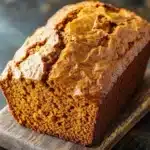 Pumpkin bread high altitude - the image is a close-up of a freshly baked loaf of bread on a wooden cutting board. the bread appears to be golden brown in color and has a slightly crumbly texture. the top of the bread is covered in a thick layer of frosting, which is a light brown color. the cutting board is placed on a dark, textured surface, possibly a table or countertop. the background is blurred, making the bread the focal point of the image.