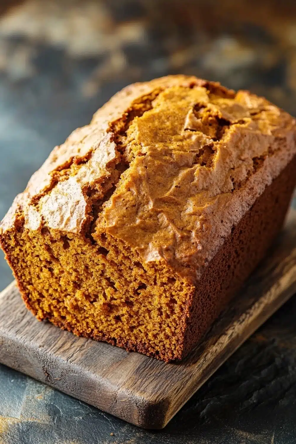 Pumpkin bread high altitude - the image is a close-up of a freshly baked loaf of bread on a wooden cutting board. the bread appears to be golden brown in color and has a slightly crumbly texture. the top of the bread is covered in a thick layer of frosting, which is a light brown color. the cutting board is placed on a dark, textured surface, possibly a table or countertop. the background is blurred, making the bread the focal point of the image.