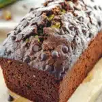 Pumpkin zucchini chocolate bread - the image shows a freshly baked loaf of chocolate zucchini bread on a wooden cutting board. the bread is dark brown in color and has a shiny texture. it is topped with chocolate chips and green zucchinis, giving it a crunchy appearance. the loaf is sitting on a white countertop with a few scattered chocolate chips around it. in the background, there is a small bowl of nuts and a green cucumber. the overall mood of the image is warm and inviting.