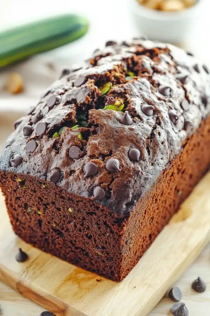 Pumpkin zucchini chocolate bread - the image shows a freshly baked loaf of chocolate zucchini bread on a wooden cutting board. the bread is dark brown in color and has a shiny texture. it is topped with chocolate chips and green zucchinis, giving it a crunchy appearance. the loaf is sitting on a white countertop with a few scattered chocolate chips around it. in the background, there is a small bowl of nuts and a green cucumber. the overall mood of the image is warm and inviting.