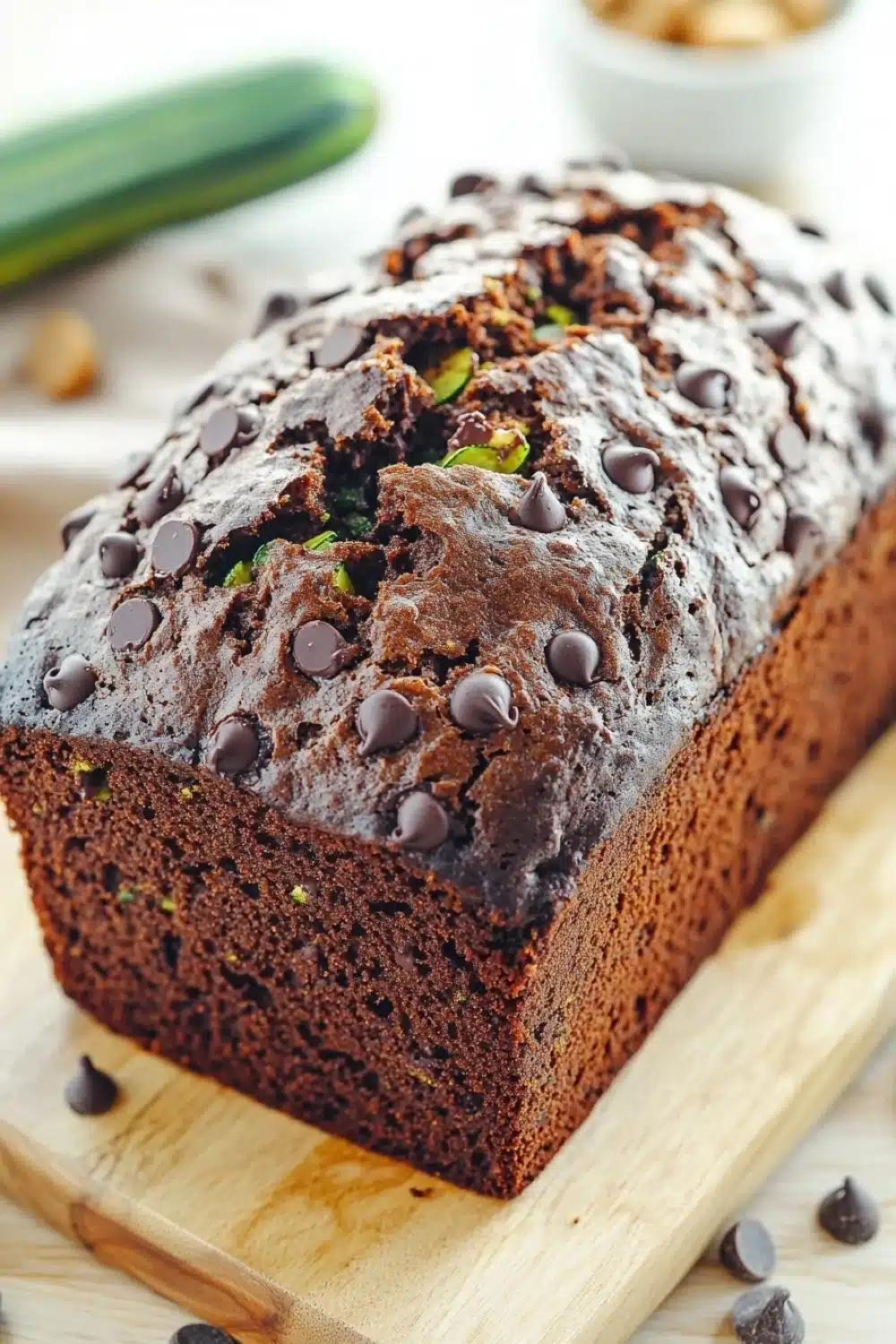 Pumpkin zucchini chocolate bread - the image shows a freshly baked loaf of chocolate zucchini bread on a wooden cutting board. the bread is dark brown in color and has a shiny texture. it is topped with chocolate chips and green zucchinis, giving it a crunchy appearance. the loaf is sitting on a white countertop with a few scattered chocolate chips around it. in the background, there is a small bowl of nuts and a green cucumber. the overall mood of the image is warm and inviting.
