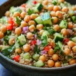Quinoa and chickpea salad - the image is a close-up of a bowl of quinoa salad. the bowl is made of dark brown ceramic and is placed on a dark grey countertop. the salad is made up of small, round chickpeas, sliced cucumbers, red onions, and green herbs. the quinoa is a light brown color and appears to be cooked until it is soft and fluffy. the vegetables are arranged in a colorful and appetizing manner, with some overlapping each other. the overall appearance of the salad is fresh and vibrant.