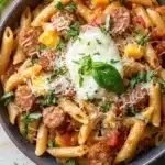 Ree drummond italian sausage pasta skillet - the image is a close-up of a bowl of pasta dish. the pasta appears to be penne, which is a type of penne pasta, and it is cooked in a tomato-based sauce. the dish is garnished with fresh basil leaves and a dollop of sour cream on top. there are also chunks of sausage and yellow bell peppers scattered throughout the dish, adding a pop of color and texture. the bowl is sitting on a white wooden table with a gray cloth napkin on the side.