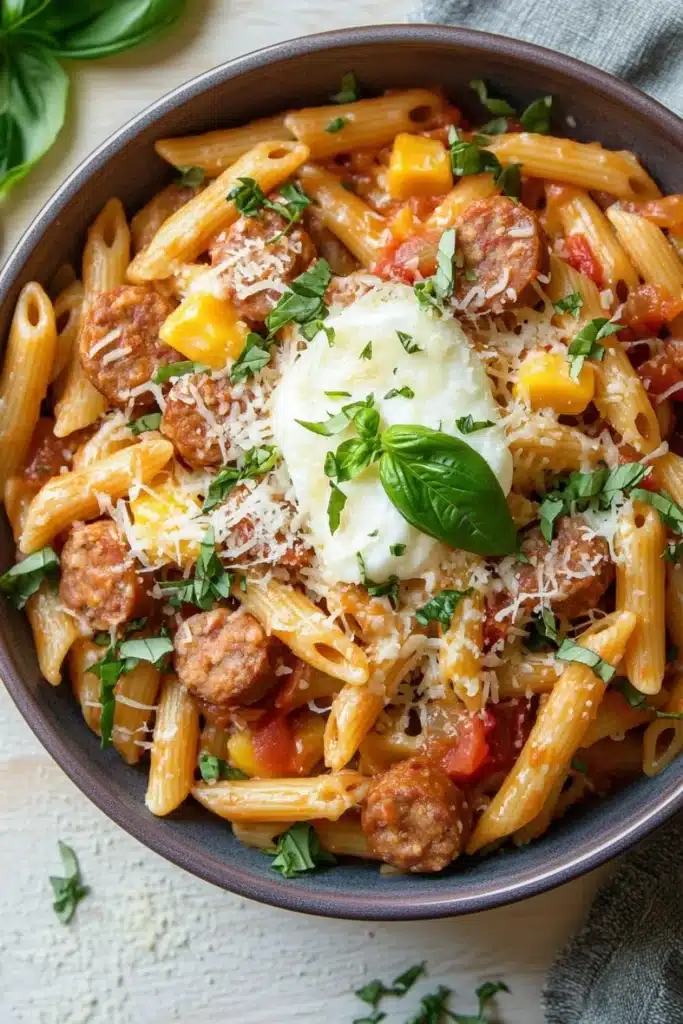 Ree drummond italian sausage pasta skillet - the image is a close-up of a bowl of pasta dish. the pasta appears to be penne, which is a type of penne pasta, and it is cooked in a tomato-based sauce. the dish is garnished with fresh basil leaves and a dollop of sour cream on top. there are also chunks of sausage and yellow bell peppers scattered throughout the dish, adding a pop of color and texture. the bowl is sitting on a white wooden table with a gray cloth napkin on the side.
